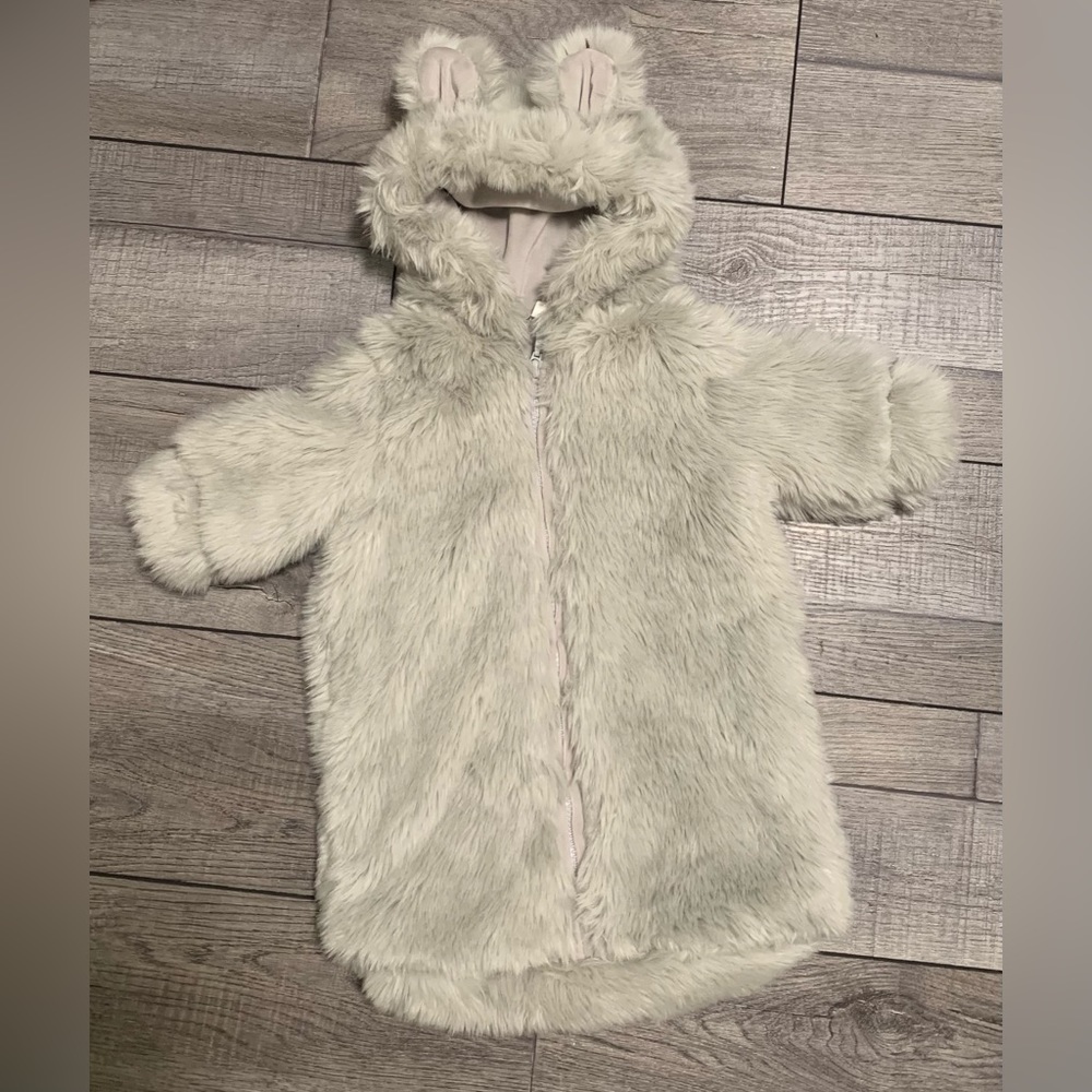 Restoration Hardware Baby Faux Fur Bunting Snowsuit Hooded Bunny Ears Gray